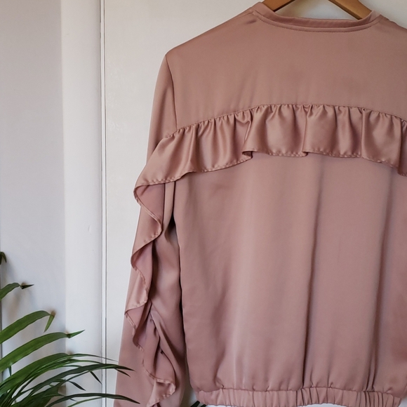 Pink Satin Bomber Jacket Ruffle Detail - Picture 4 of 8